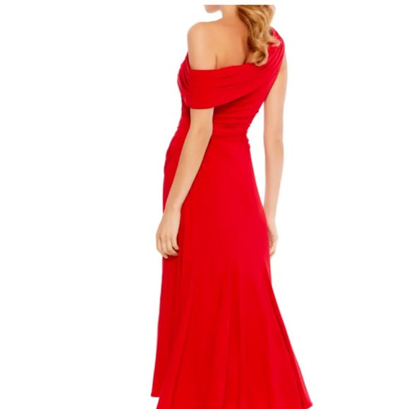 MAC DUGGAL FOLDOVER RUCHED ONE SHOULDER JERSEY MIDI RED DRESS sz 6 - Picture 4 of 4